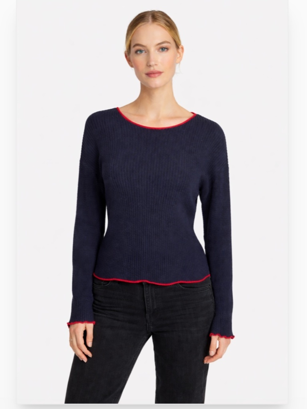 RAG & BONE Crewneck Long Sleeve Ribbed Sweater Navy Red Hem Size Medium